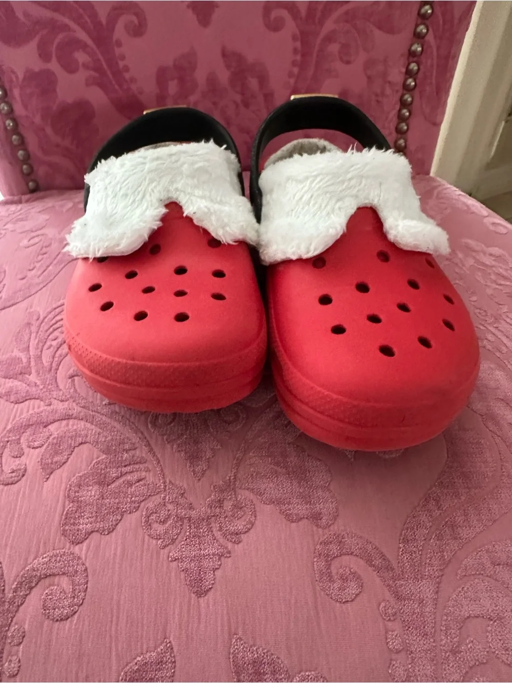 Santa Crocs size Junior 3 Kids Red Festive Faux-Fur Clog Shoes with Buckle Strap